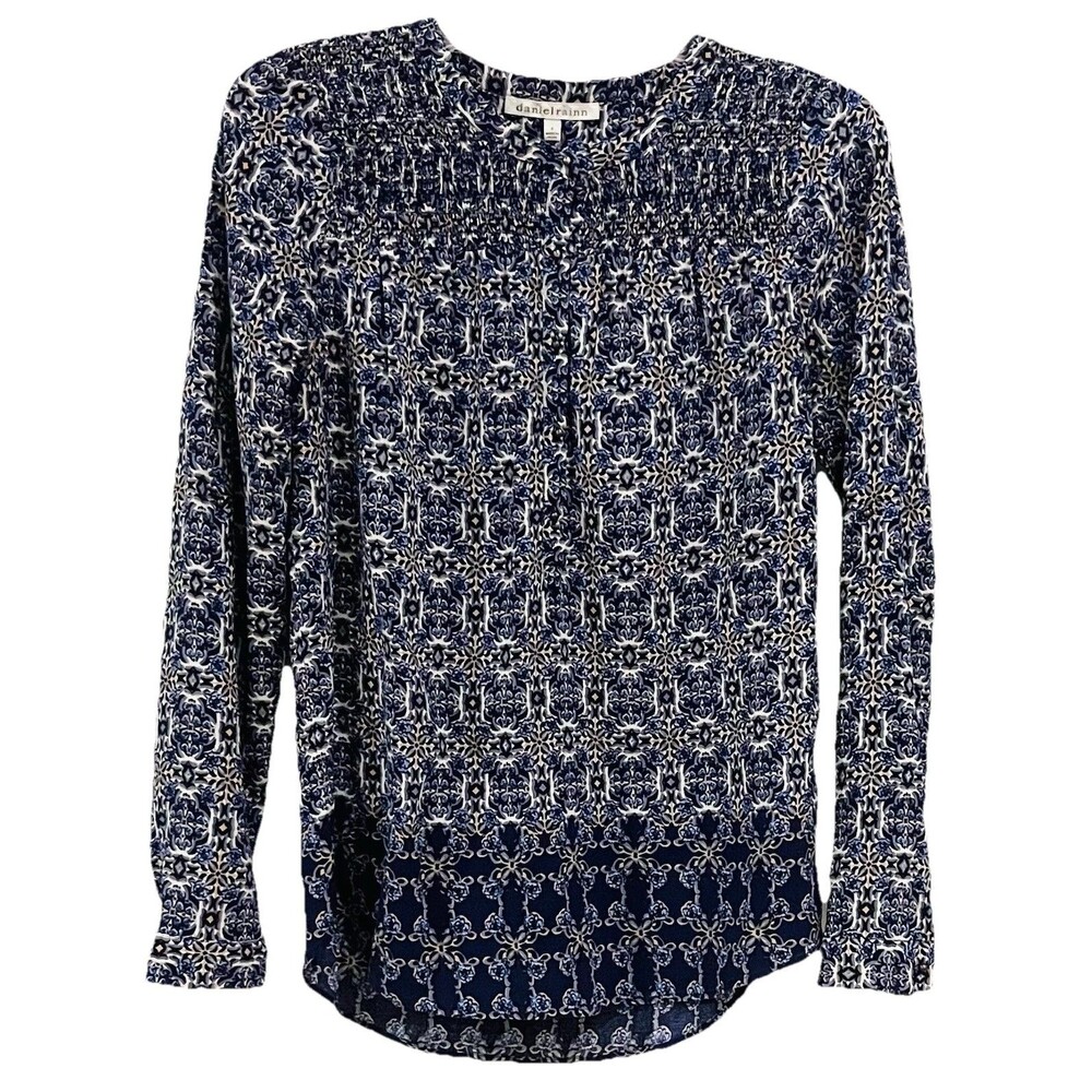 Daniel Rainn Blue Medallion Tile Print Roll Tab Sleeve Rayon Blouse Smocked Sz S